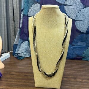 Elegant Black and Gold Tone and Faux Pearls Beaded Necklace